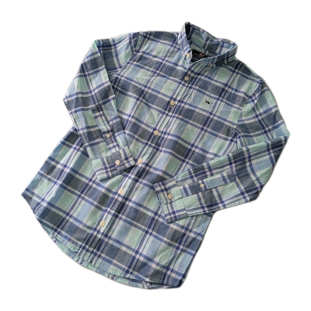 Vineyard Vines Button Up Whale Shirt Boys Sz Small Multicolor Check 100% Cotton